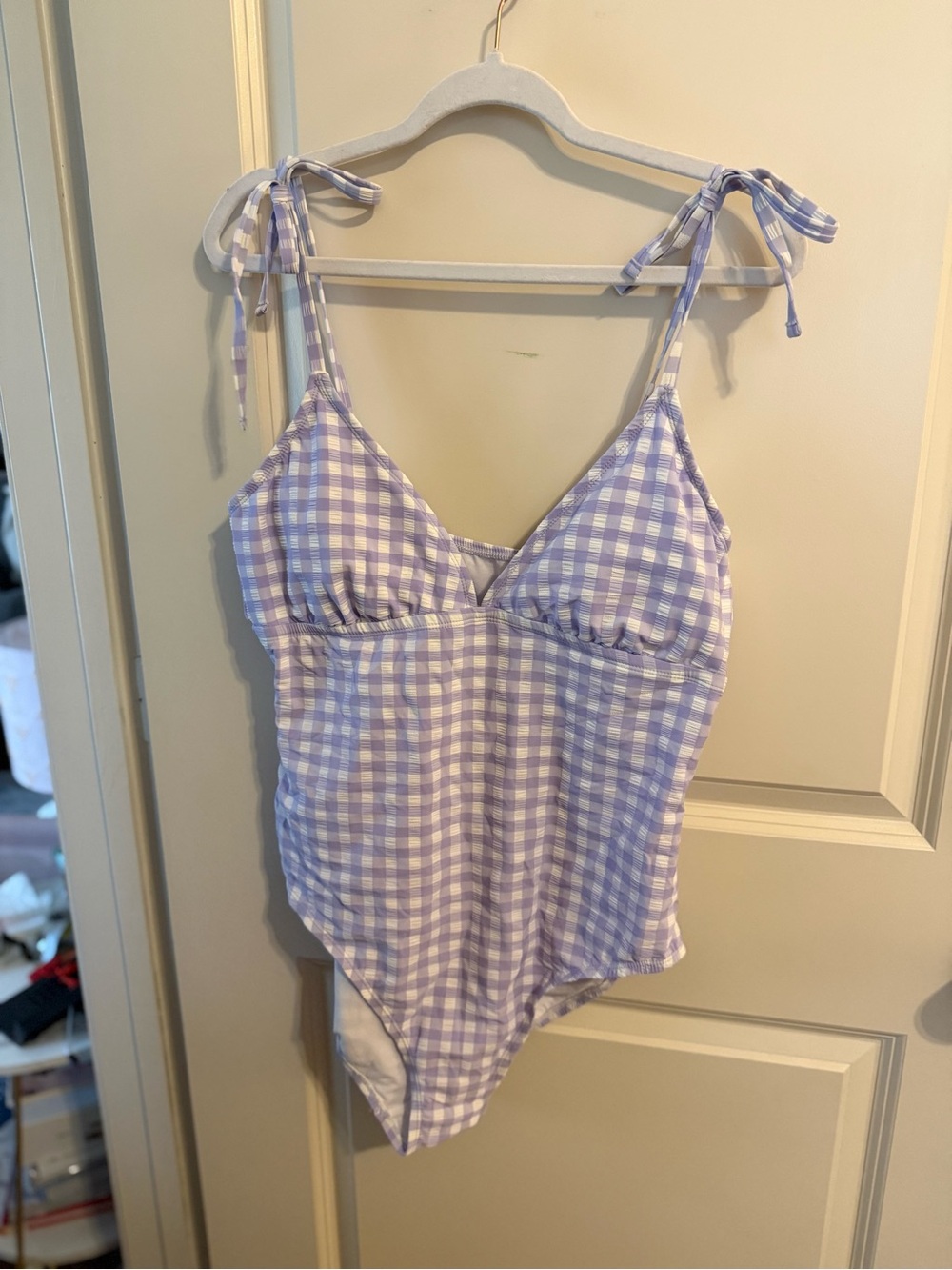 NWOT Kona Sol Lavender Gingham Tie-Shoulder One-Piece